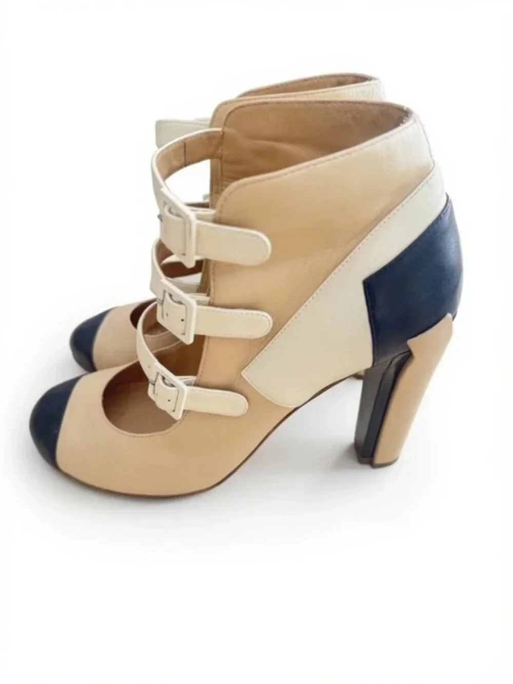 Chanel Cream & Navy Cap-Toe Leather Buckle Boots EU 40 US 10